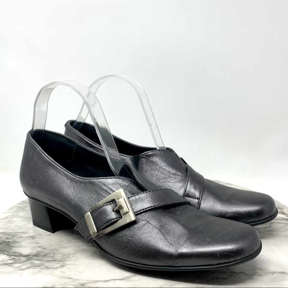 Helle Comfort Metallic Buckle Detail Leather Loafer 41/11 Retro Classic Academia